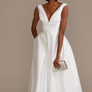 Satin V-Neck Tea Length A-Line Bridal Dress